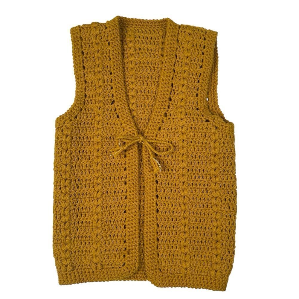 Vintage Handmade Crochet Vest Mustard Yellow Boho Tie Front - Picture 1 of 3